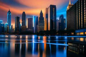 das Stadt Horizont ist reflektiert im das Wasser beim Nacht. KI-generiert foto