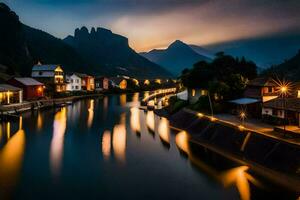 ein Fluss läuft durch ein Stadt, Dorf beim Nacht. KI-generiert foto