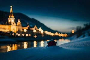 ein klein rot Haus sitzt auf das Schnee bedeckt Boden in der Nähe von ein Fluss. KI-generiert foto