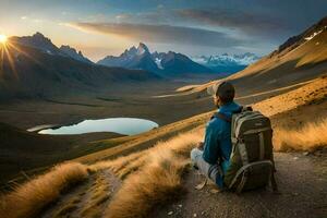 ein Mann mit ein Rucksack sitzt auf das Kante von ein Berg mit Blick auf ein See. KI-generiert foto