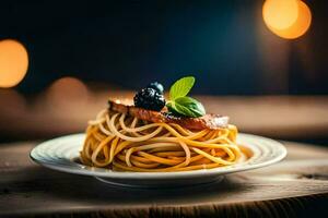 Spaghetti mit Brombeeren und Basilikum auf ein Platte. KI-generiert foto