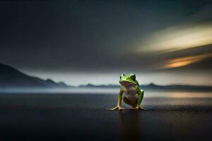 ein Frosch Sitzung auf das Boden im Vorderseite von ein dunkel Himmel. KI-generiert foto