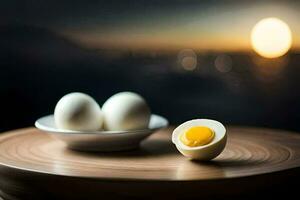 zwei gekocht Eier sitzen auf ein Tabelle mit ein Sonnenuntergang im das Hintergrund. KI-generiert foto