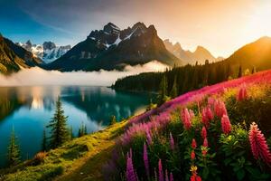 schön Blumen und Berge im das Morgen. KI-generiert foto