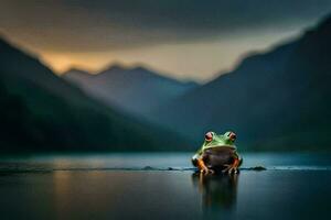 ein Frosch Sitzung auf das Kante von ein See im Vorderseite von Berge. KI-generiert foto