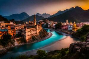 das Stadt von rishikesh ist gelegen im das Ausläufer von das Himalaya. KI-generiert foto