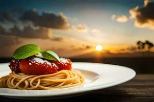 Spaghetti mit Tomate Soße und Basilikum Blätter auf ein Platte. KI-generiert foto