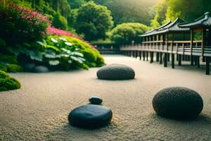 ein japanisch Garten mit Felsen und Blumen. KI-generiert foto