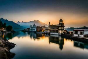 das Sonne steigt an Über das See im Indien. KI-generiert foto