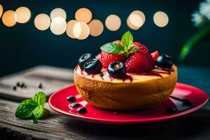 ein Käsekuchen mit Beeren und Minze Blätter auf ein rot Platte. KI-generiert foto