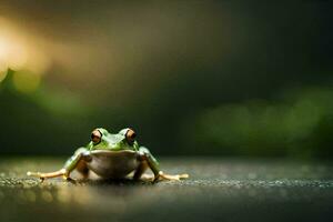 ein Frosch Sitzung auf das Boden mit ein verschwommen Hintergrund. KI-generiert foto