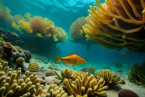 ein Koralle Riff mit Fisch Schwimmen im das Wasser. KI-generiert foto