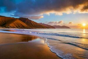 das Sonne setzt auf das Strand im Island. KI-generiert foto