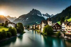 das Sonne setzt Über ein Fluss im ein Berg Stadt. KI-generiert foto