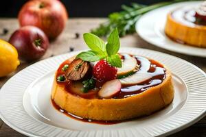 ein Dessert auf ein Teller mit Äpfel und Beeren. KI-generiert foto