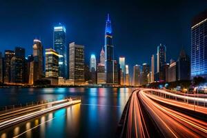 das Stadt Horizont beim Nacht mit Beleuchtung An. KI-generiert foto