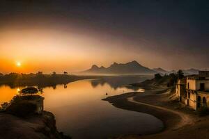 das Sonne steigt an Über ein Fluss und Berge im Indien. KI-generiert foto