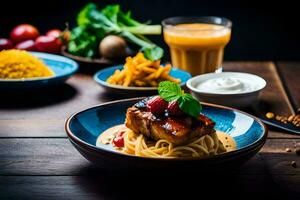 ein Teller von Essen mit Nudeln, Gemüse und Frucht. KI-generiert foto