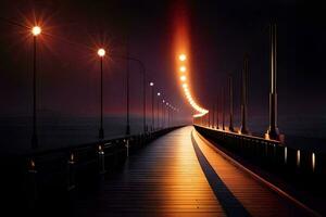 ein lange Brücke mit Beleuchtung auf es beim Nacht. KI-generiert foto