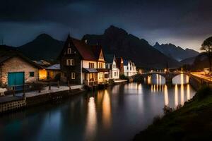 ein Fluss und Häuser im das Berge beim Nacht. KI-generiert foto