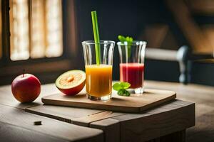 zwei Brille von Saft sitzen auf ein hölzern Tisch. KI-generiert foto