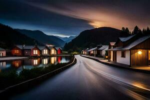 ein lange Exposition Foto von ein Fluss und Häuser beim Nacht. KI-generiert