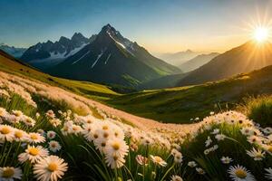 das Sonne steigt an Über das Berge und Blumen im das Vordergrund. KI-generiert foto