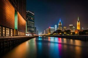 ein Fluss beim Nacht mit Gebäude im das Hintergrund. KI-generiert foto