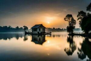 ein klein Haus sitzt auf das Kante von ein See beim Sonnenaufgang. KI-generiert foto