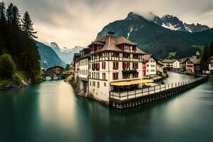 ein Fluss läuft durch ein Stadt, Dorf im das Berge. KI-generiert foto