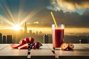 ein Glas von Saft mit Obst und ein Sonne Rahmen hinter Es. KI-generiert foto