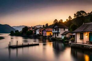 Häuser auf das Ufer von ein See beim Sonnenuntergang. KI-generiert foto