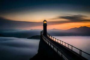 ein Leuchtturm steht auf oben von ein Berg mit Nebel im das Hintergrund. KI-generiert foto