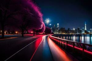 ein lange Exposition Foto von ein Stadt Horizont beim Nacht. KI-generiert