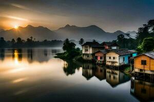 Häuser auf das Wasser beim Sonnenaufgang im Thailand. KI-generiert foto