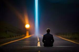 ein Mann Sitzung auf das Straße beim Nacht mit ein Licht leuchtenden im das Distanz. KI-generiert foto