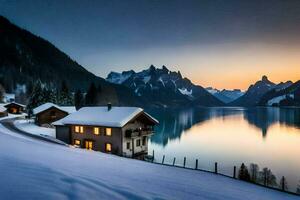 ein Haus sitzt auf das Ufer von ein See beim Sonnenuntergang. KI-generiert foto