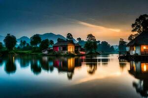 das Haus auf das Wasser beim Sonnenuntergang. KI-generiert foto