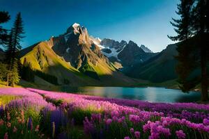 ein See umgeben durch lila Blumen und Berge. KI-generiert foto