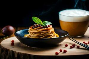 Spaghetti mit Kirsche Marmelade und Beeren auf ein hölzern Tisch. KI-generiert foto