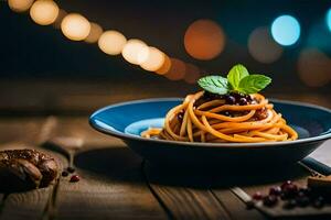 Spaghetti mit Tomate Soße und Brot auf ein hölzern Tisch. KI-generiert foto