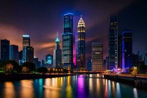 das Stadt Horizont beim Nacht mit bunt Beleuchtung. KI-generiert foto