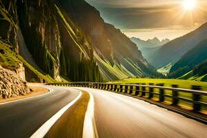 ein Auto Fahren Nieder ein Berg Straße beim Sonnenuntergang. KI-generiert foto