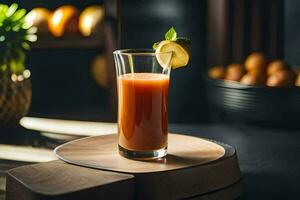 ein Glas von Saft mit ein Scheibe von Apfel auf oben. KI-generiert foto