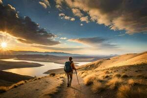 ein Mann Spaziergänge auf ein Weg im das Wüste beim Sonnenuntergang. KI-generiert foto
