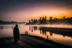 ein Person Gehen entlang das Ufer von ein See beim Sonnenaufgang. KI-generiert foto