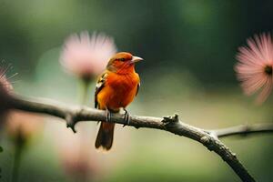 ein klein Orange Vogel sitzt auf ein Ast. KI-generiert foto