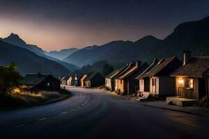 Foto Hintergrund das Himmel, Berge, Straße, Häuser, das dunkel, das Straße, das Berge. KI-generiert