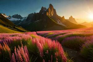 das Sonne steigt an Über das Berge und das Blumen blühen im das Feld. KI-generiert foto