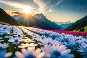 das Sonne scheint auf ein Feld von Gänseblümchen im das Berge. KI-generiert foto